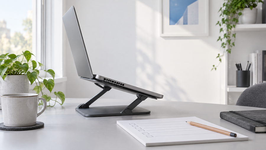 Generic laptop on an adjustable stand beside a blank buying checklist on a light desk