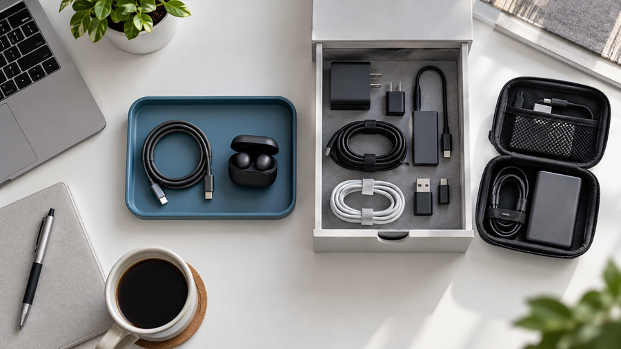 Daily-use tray, backup drawer, and travel pouch forming three zones for small tech accessories