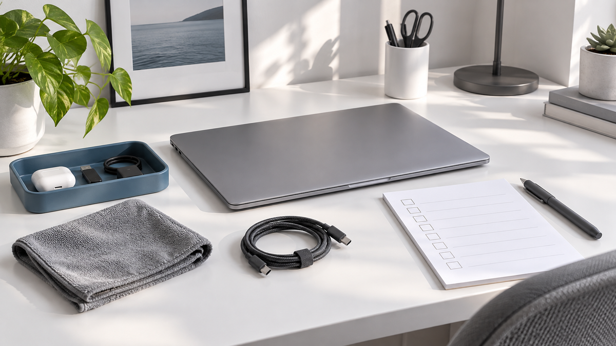 Clean desk mid-reset with a cloth, coiled cable, small tray, closed laptop, and blank checklist