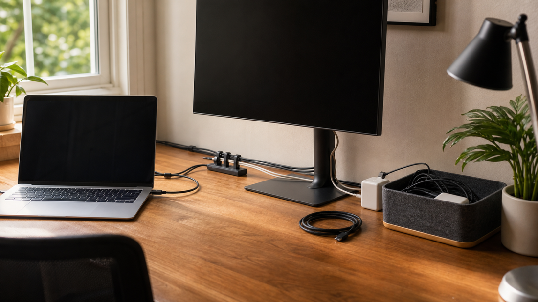 Organized home office desk with routed charging cables, a laptop, monitor, clips, and a storage box