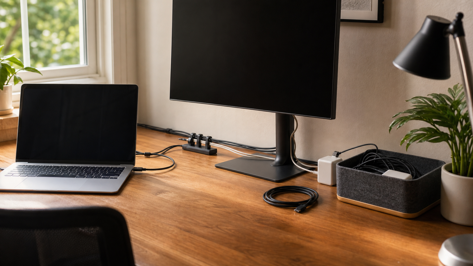 Organized home office desk with routed charging cables, a laptop, monitor, clips, and a storage box