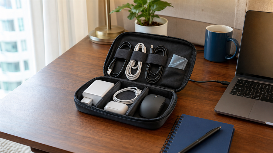 Open travel-tech organizer with neatly arranged charging cables, a charger, mouse, cloth, and notebook on a temporary workspace