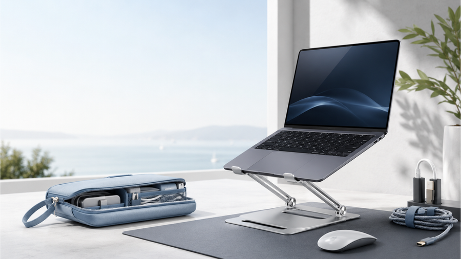 Summer desk setup with a laptop on a stable aluminum stand, organized cables, a travel organizer, and natural daylight.