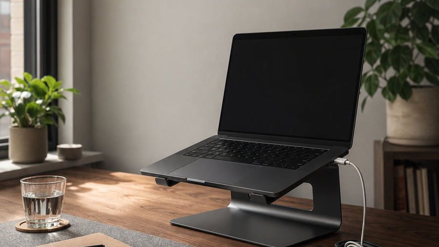 Clean desk setup with organized cables, practical storage and stable laptop placement