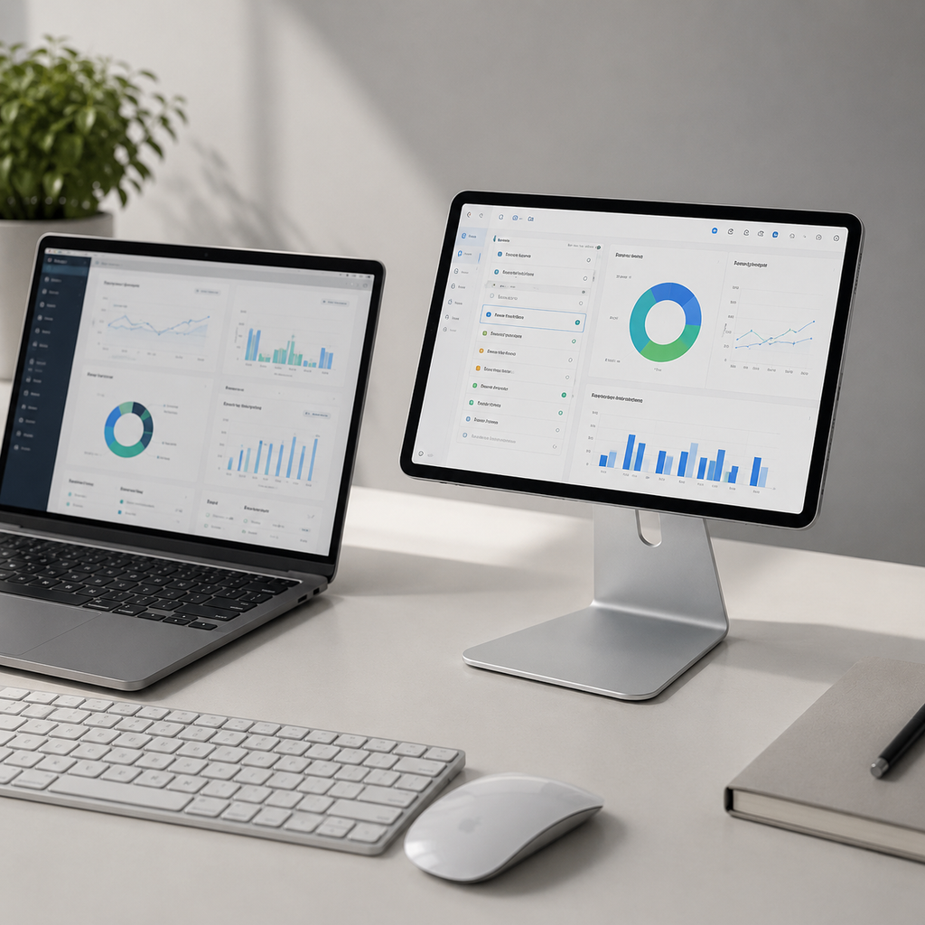 Tablet stand used beside laptop and keyboard for productivity setup