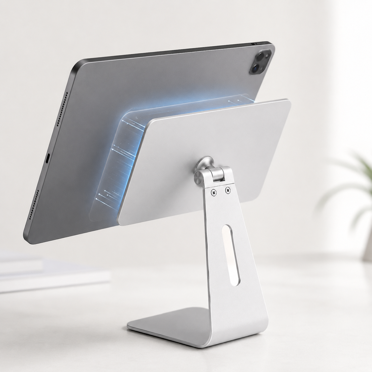 Magnetic tablet stand showing compatible tablet attachment