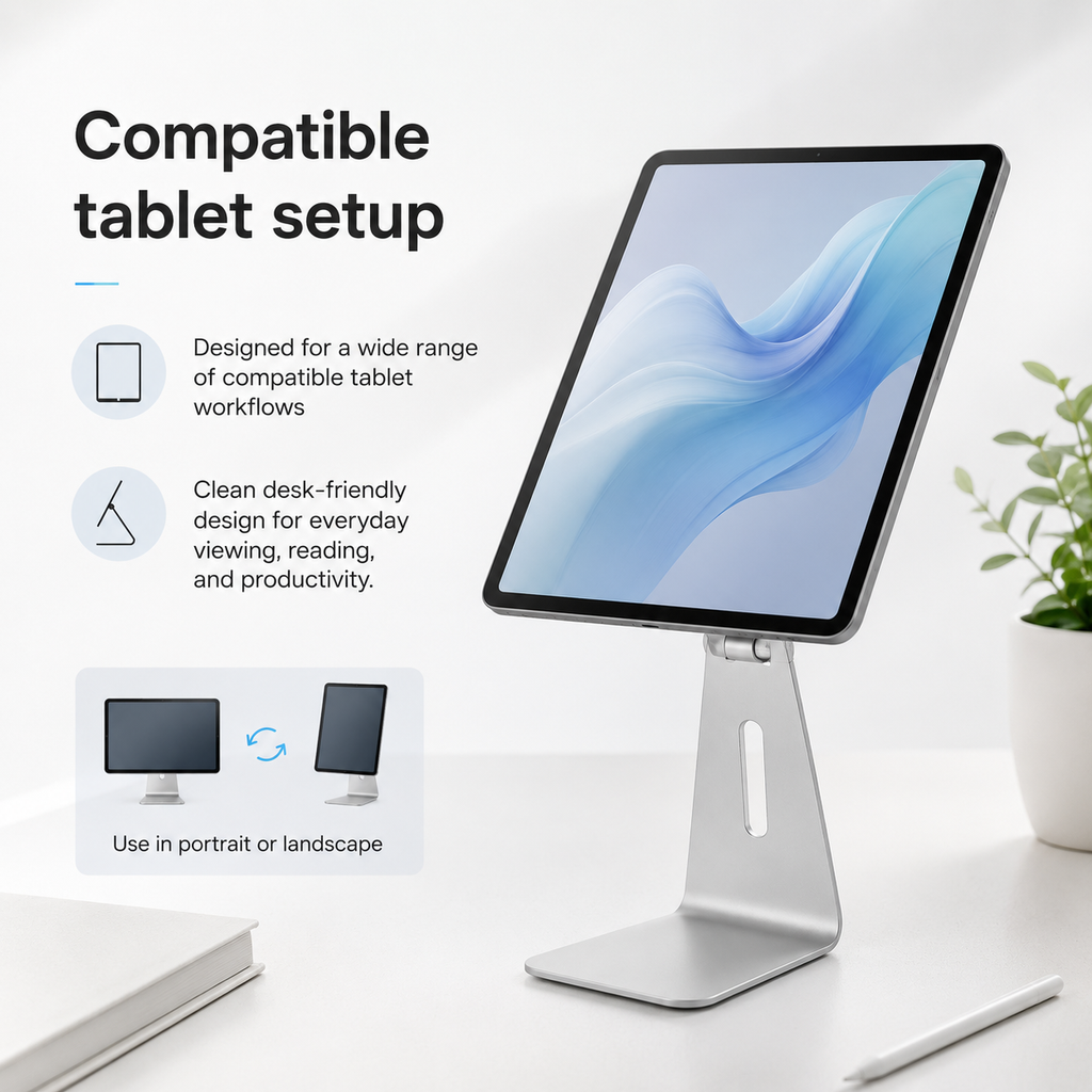 Compatible tablet setup on silver magnetic desktop stand