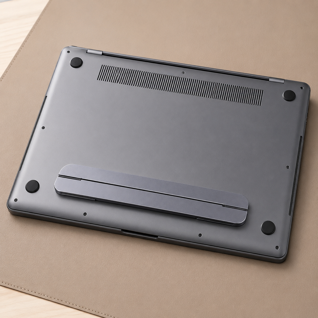 Fold-out laptop stand positioned on a clear area of an unbranded laptop underside