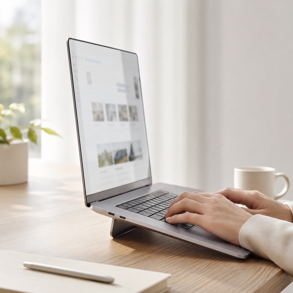 Space Grey fold-out laptop stand in a simple work-from-anywhere desk setup