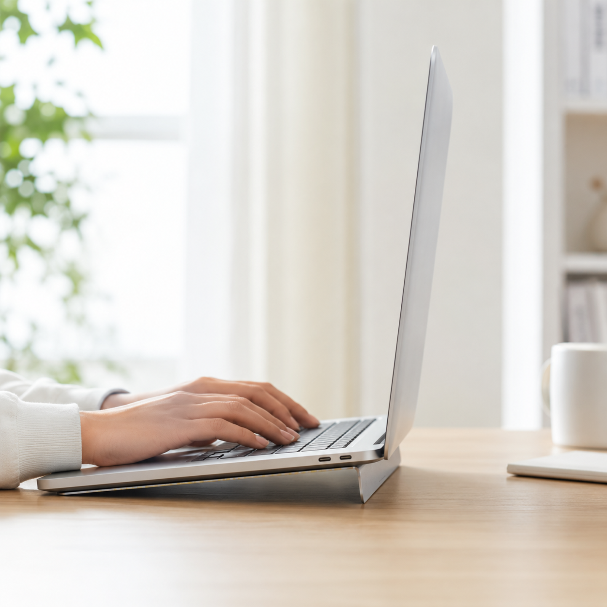 Invisible fold-out laptop stand in a clean warm-neutral remote-work desk setup