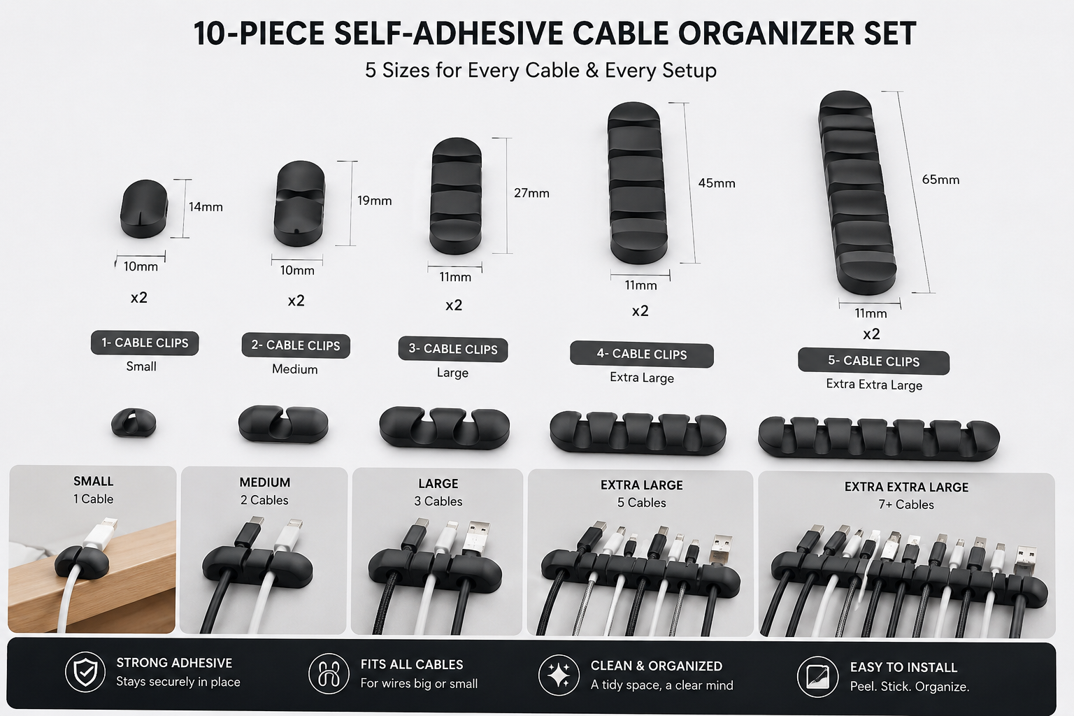 10-Piece Self-Adhesive Cable Organizer Set