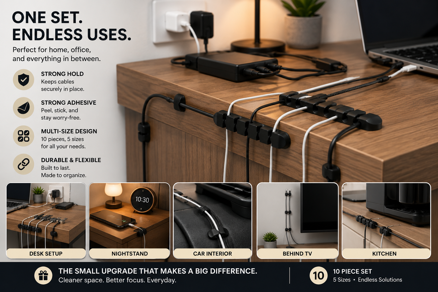 10-Piece Self-Adhesive Cable Organizer Set