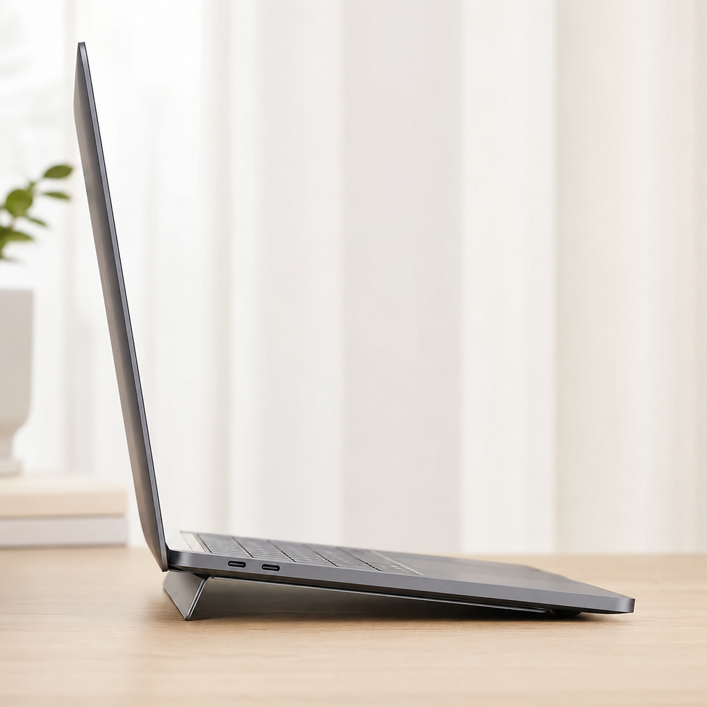 Space Grey fold-out laptop stand opened beneath an unbranded laptop at a modest angle