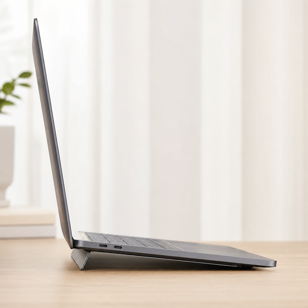 Space Grey fold-out laptop stand opened beneath an unbranded laptop at a modest angle